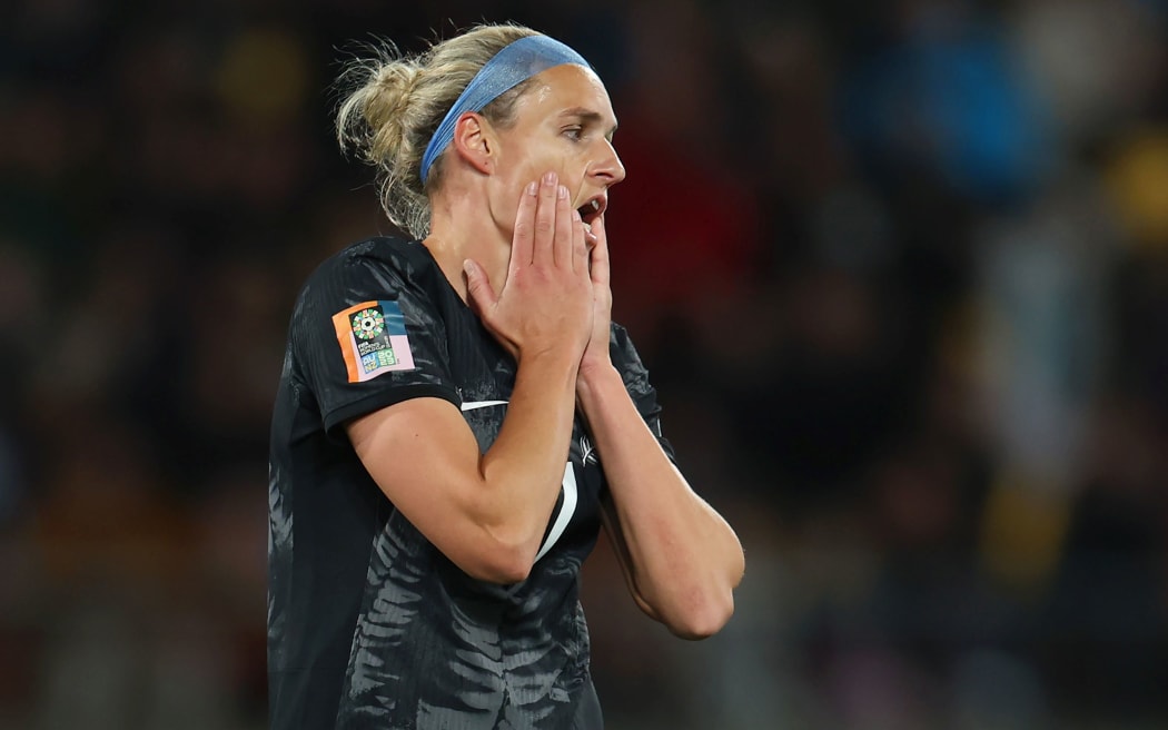 WELLINGTON, NEW ZEALAND - JULY 25: Hannah Wilkinson of New Zealand reacts during the FIFA Women's World Cup Australia & New Zealand 2023 Group A match between New Zealand and Philippines at Wellington Regional Stadium on July 25, 2023 in Wellington, New Zealand. (Photo by Catherine Ivill/Getty Images)