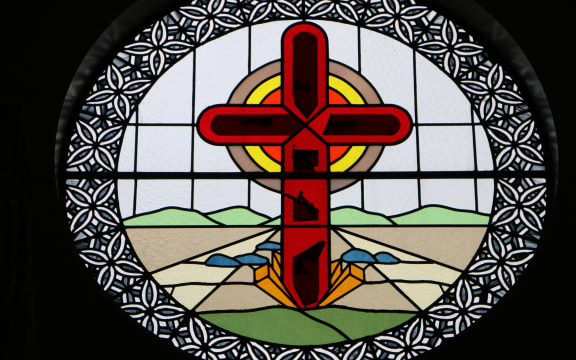 A stained glass window above the entrance to the Samoan Methodist Church in Levin.