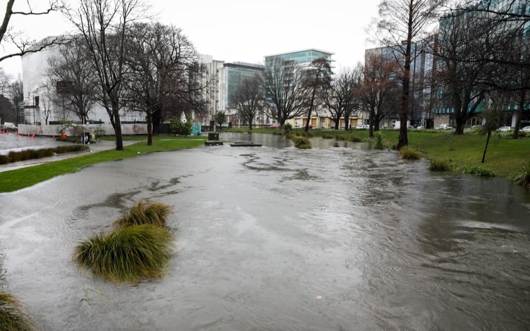 The Avon River in flood in Christchurch CBD..