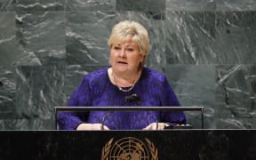 Prime Minister of Norway Erna Solberg speaks as part of the UN General Assembly 76th General Debate at United Nations Headquarters, on 20 September in New York.