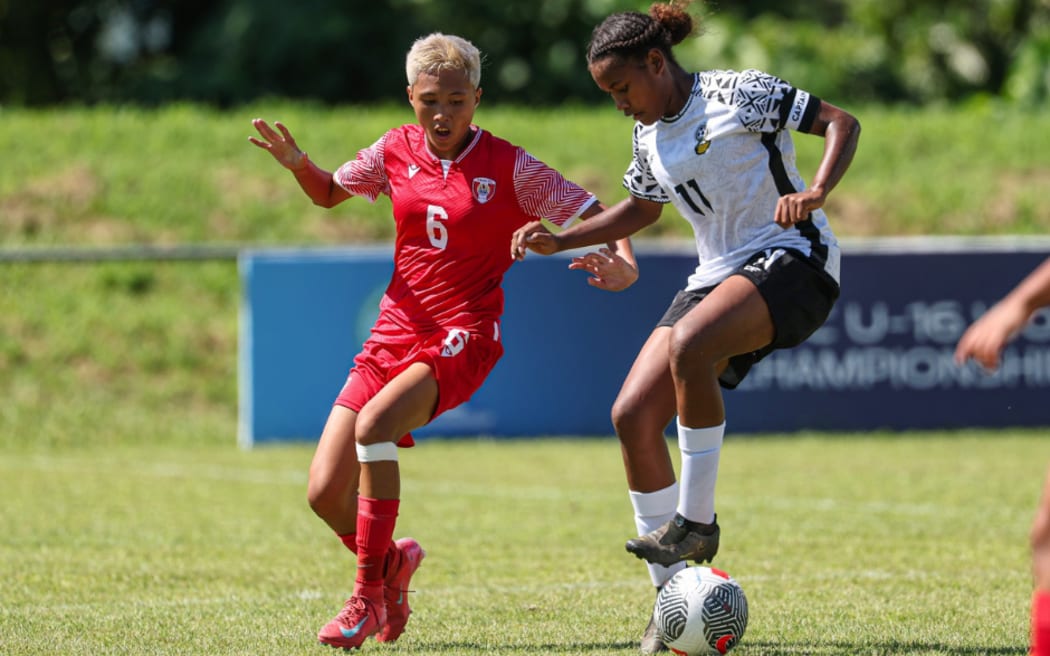 Fiji's Teonila Levuiciva and Tahiti's Merahi Brothers. OFC U-16 Women's Championship 2025, Fiji v Tahiti, Samoa Football HQ Apia, Friday 1 August 2025. Photo: Shane Wenzlick / www.phototek.nz