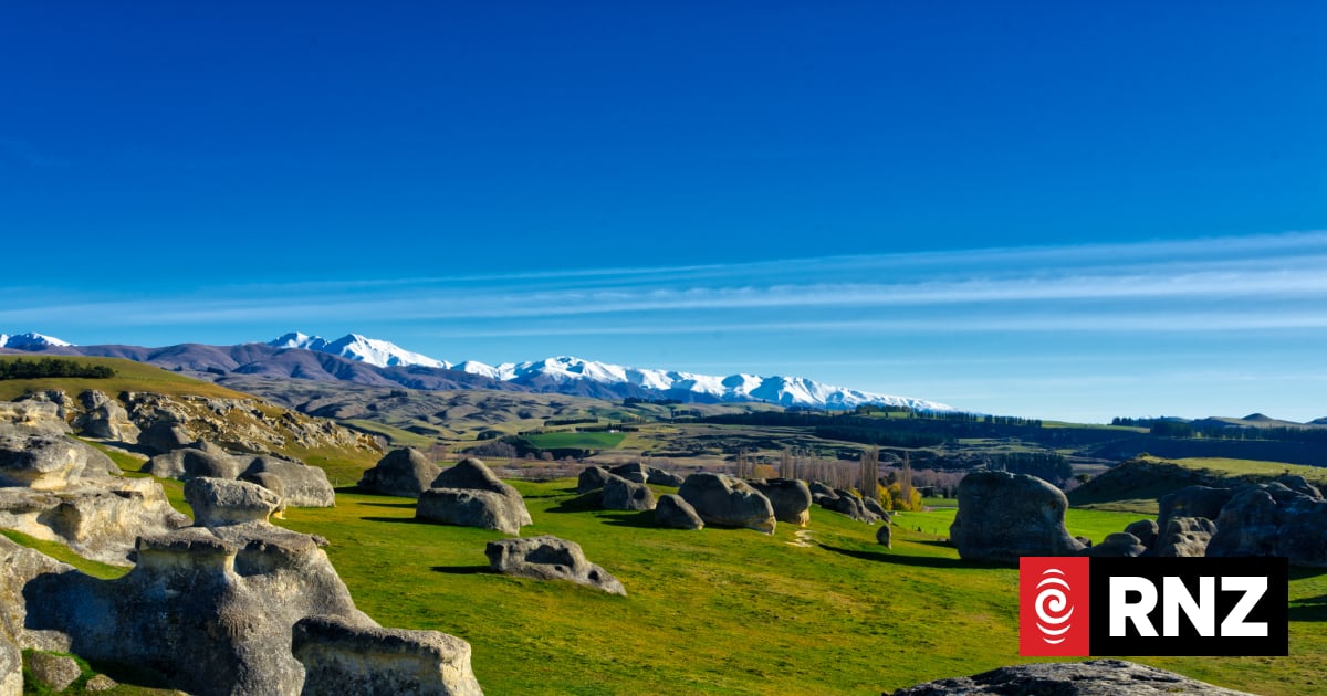 Elephant rocks with snowy mountains in the background