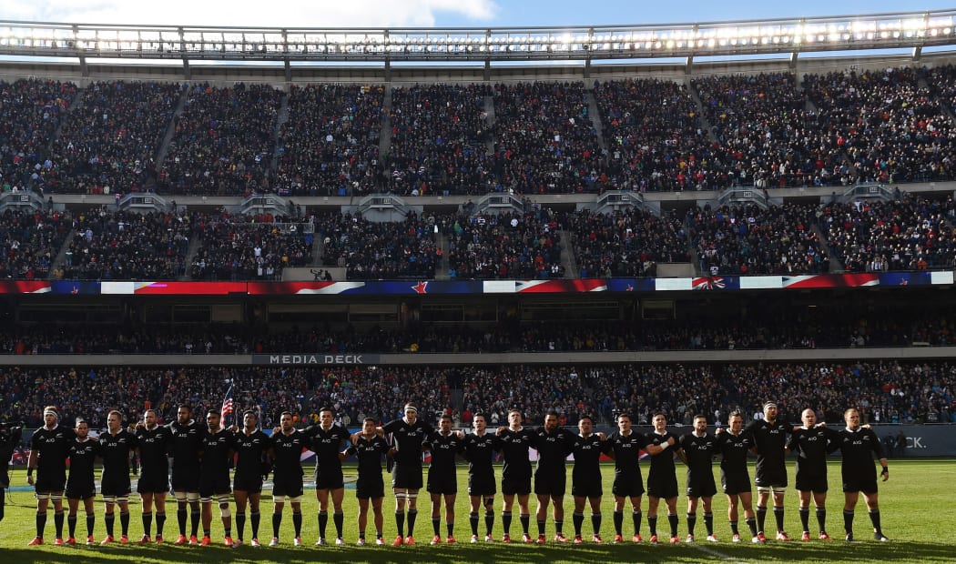 All Blacks lining up for the national anthem at Soldier Field, Chicago.