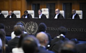 President of the International Court of Justice Yuji Iwasawa (C) and other members.