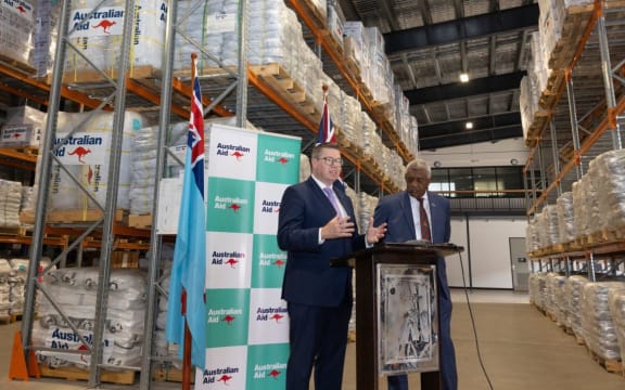 Australian Minister for International Development and the Pacific Pat Conroy and Fiji's Home Affairs Minister Pio Tikoduadua at the Blackrock Camp Humanitarian Warehouse in Nadi, Fiji. Fiji was a winner from the 2024 aid budget.