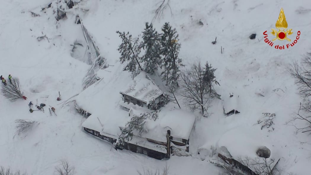A handout aerial picture made available on 19 January 2017 by Vigili del Fuoco shows Hotel Rigopiano, buried in an avalanche, in the region of Abruzzo near Farindola, Italy.