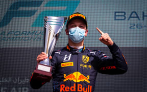 Liam Lawson celebrates after winning his first race in Formula 2 competition.