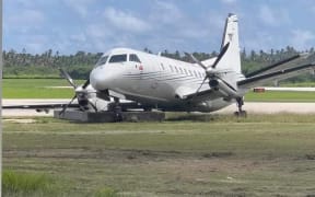 Lulutai Airline Saab 340 aircraft that slid off the runway at Tonga's Fua'amotu airport on Friday. 8 December 2023