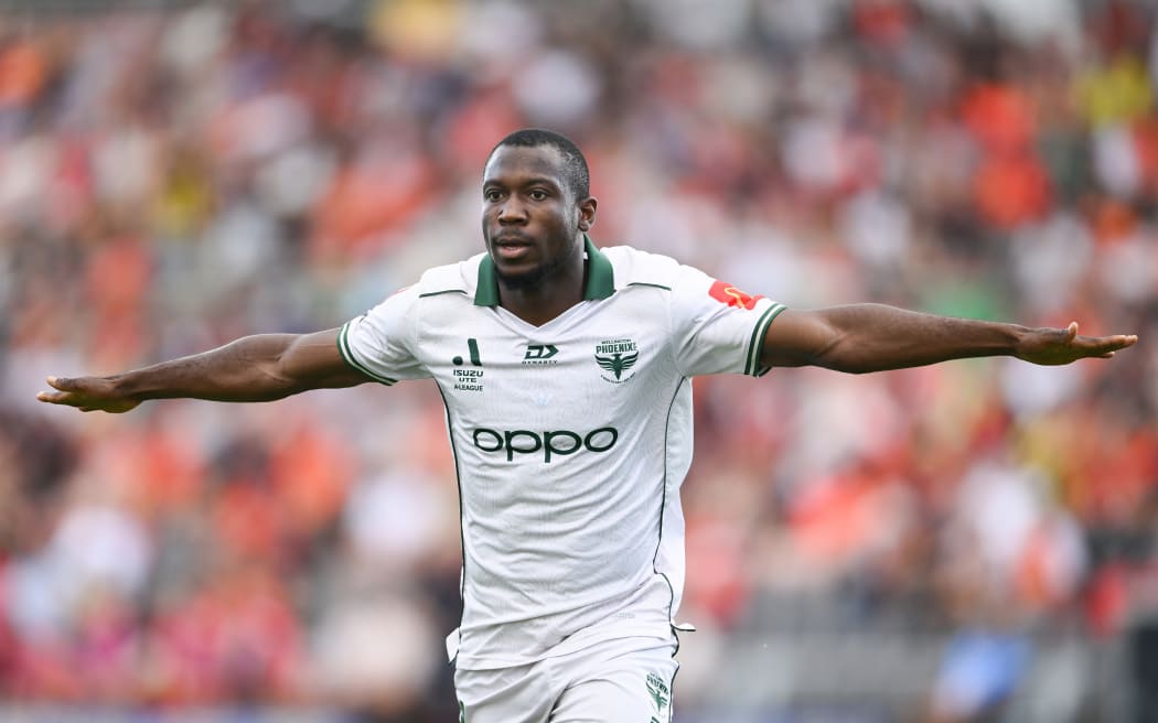 Ifeanyi Eze of the Phoenix celebrates after scoring a goal during the A-League match against the Brisbane Roar in Redcliffe, Saturday, January 3, 2026. (AAP Image/Zain Mohammed/ Photosport )