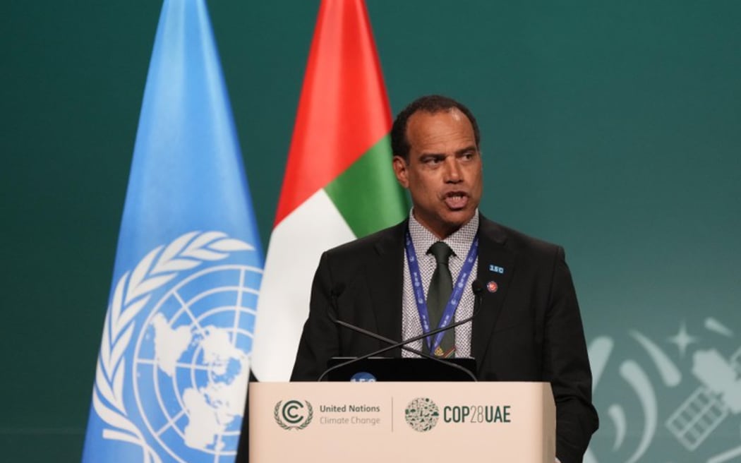 Ralph Regenvanu, Vanuatu climate change minister, speaks during a plenary session at the COP28 U.N. Climate Summit, on Dec. 9, 2023, in United Arab Emirates. Credit: AP/Kamran Jebreili