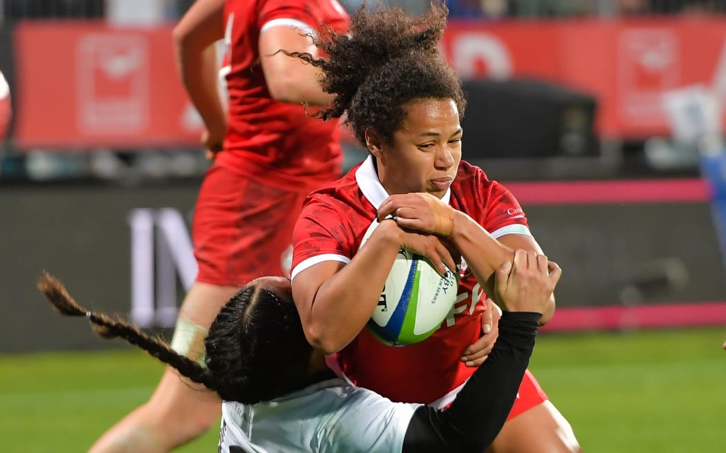 Fancy Bermudez of Canada scores a try in the tackle of  Sylvia Logo-i-Pulotu Lemapu-Atai'i Brunt of the Black Ferns during the Pacific Four Series rugby match, New Zealand Black Ferns V Canada, Apollo Projects Stadium, Christchurch, New Zealand, 19th May 2024. Copyright photo: John Davidson / www.photosport.nz