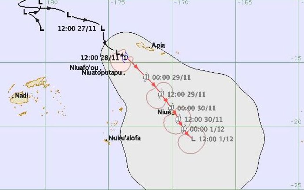 The path of Tropical Cyclone Tuni on Sunday morning.