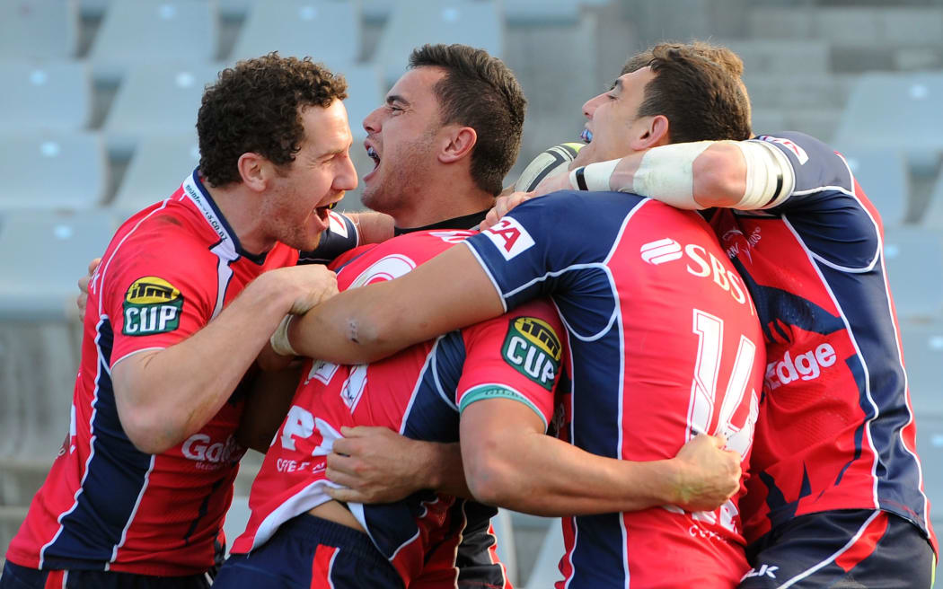 Tasman celebrate a try during their round one win over Hawke's Bay, 2014.