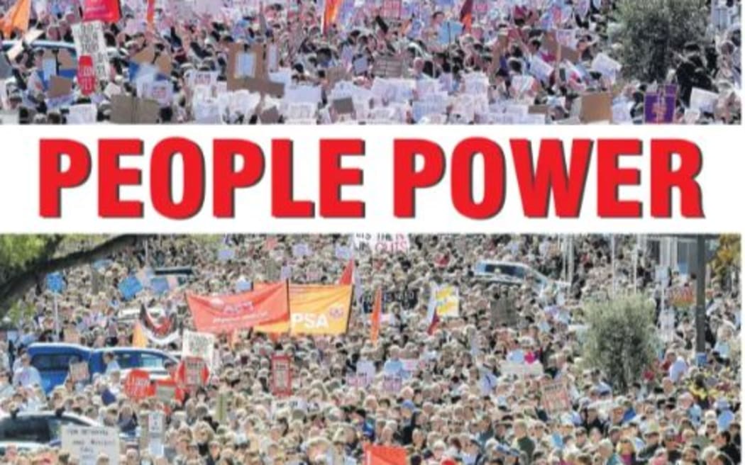 The Otago Daily Times front page last Monday, showing crowds protesting against the scrapped rebuild plan for Dunedin Hospital.