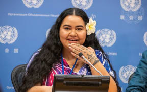 Brianna Fruean, Pacific Climate Warrior and Youth Climate Justice Activist, briefs the press during the Climate Ambition Summit in New York. 20 September 2023