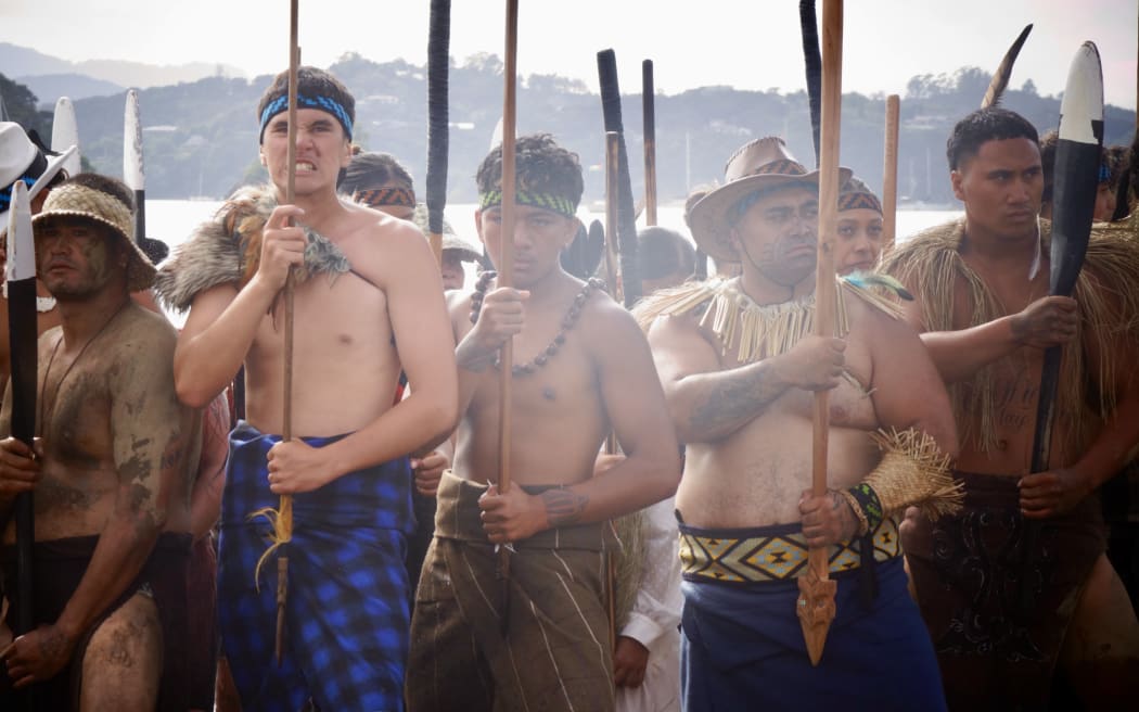 Waka arriving at Te Tii Beach, at Waitangi, during commemorations on 6 February 2026.