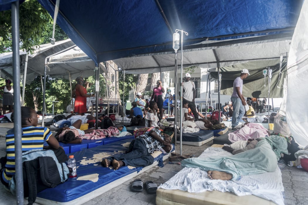 The courtyard of the hospital Communautaire de Référence of Port-Salut,  hosts victims of the earthquake.