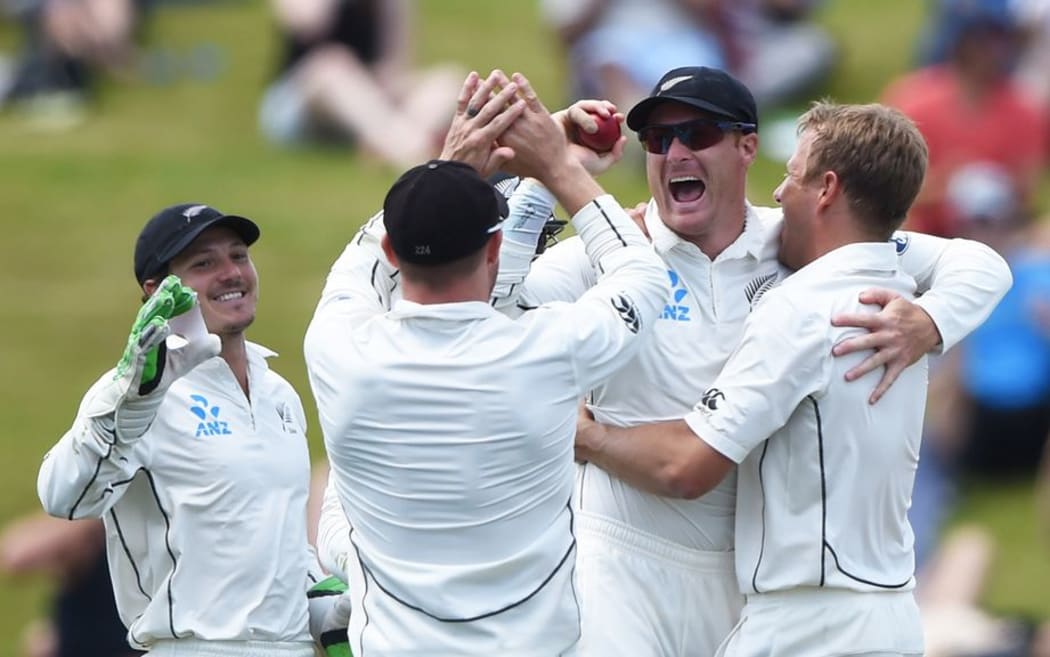 Martin Guptill celebrates taking a catch on day 3 of the 2nd cricket Test against Sri Lanka at Seddon Park in Hamilton, New Zealand. Sunday 20 December 2015. Copyright photo: Andrew Cornaga / www.photosport.nz