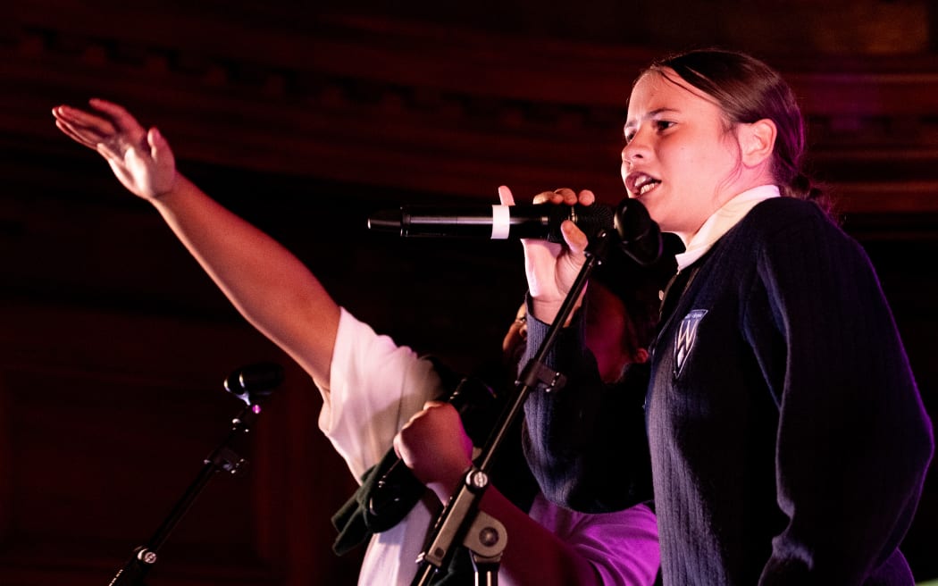 breakneck hip-hop stylings from one of Sweater Weather in Parliament's Legislative Council Chamber. Sweat Weather are from Rangikura school in Ascot Park, Porirua (though a few of the band are now in college).