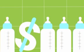 Stylised illustration of baby bottles and dollar sign