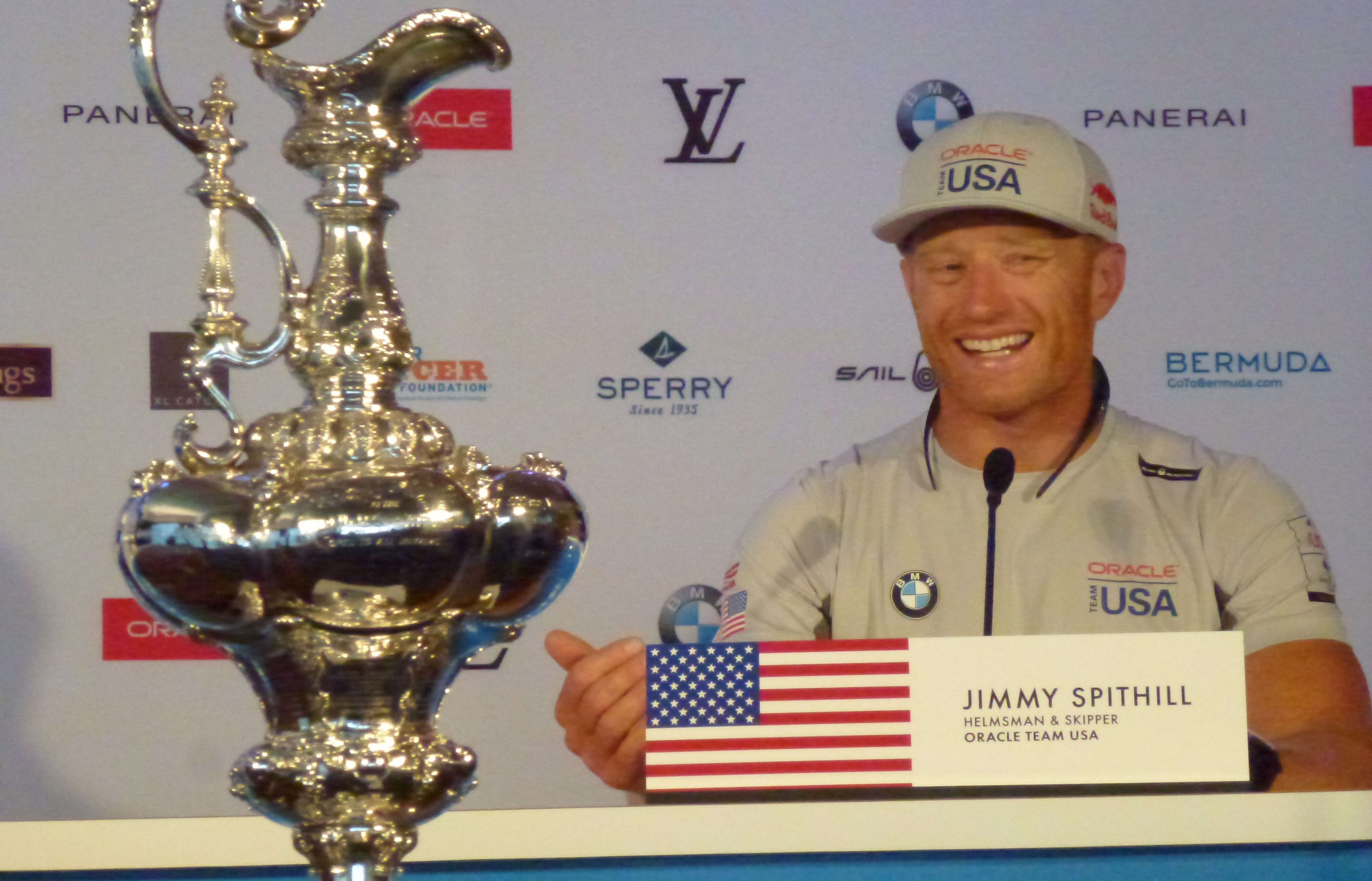 Oracle Team USA skipper Jimmy Spithill with the America's Cup in Bermuda.