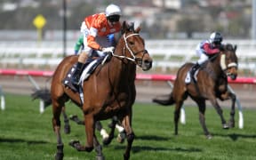 Glen Boss rides the Who Shot Thebarman to victory in The Bart Cummings at Flemington Racecourse in Melbourne on 4 October 2014.