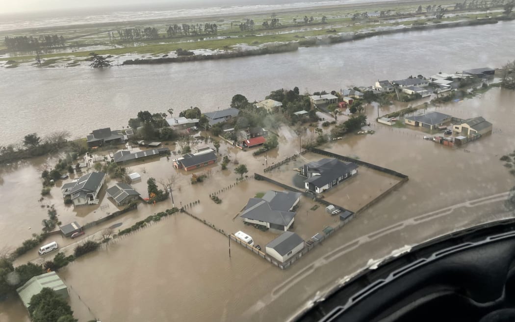 An aerial view of Snodgrass Road at Westport during the July 2021 flood - an area also affected by coastal inundation as happened during Cyclone Fehi in 2018.