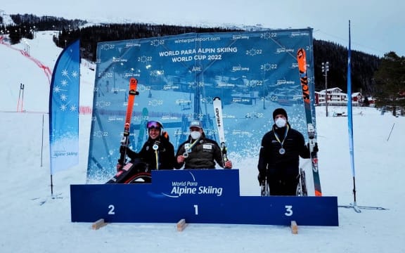 Podium at the Super G World Cup [L-R] Andrew Kurka (USA), Jesper Pedersen (NOR) Corey Peters (NZL).