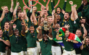 Players of South Africa celebrate their victory at the Rugby World Cup 2023 at Stade de France on 28 October, 2023.