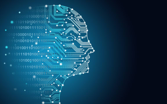A graphic of binary code and circuitry in the shape of a human head.