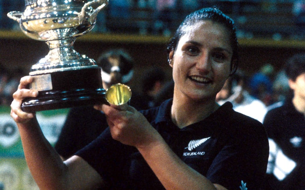 Waimarama Taumaunu celebrates with the tophy after the international netball match between the Silver Ferns and Jamaica, 1990.