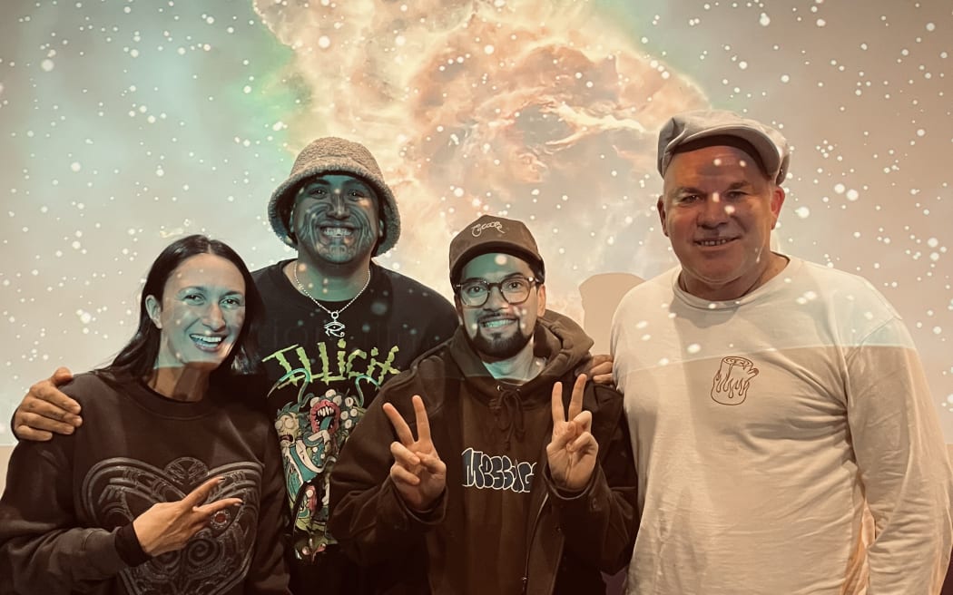Blair Tuke with chef Kia Kanuta and On the Air presenters Kara Rickard and Mark Williams at Stardome.