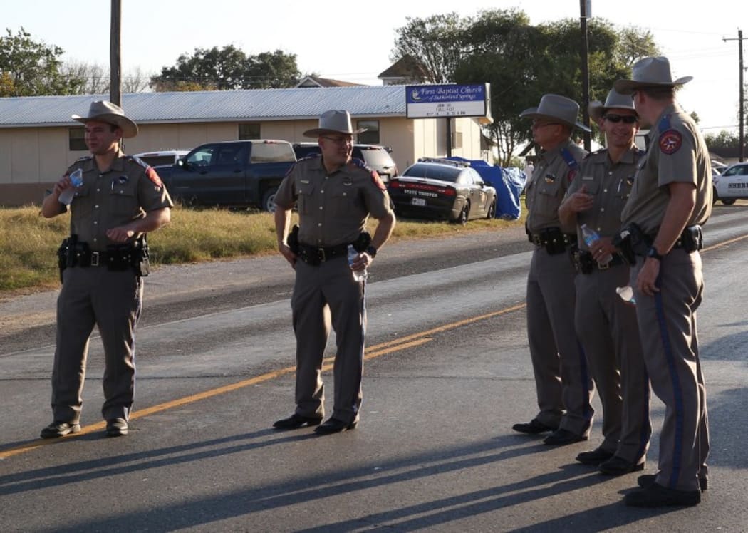 Police block a road in Sutherland Springs, Texas.