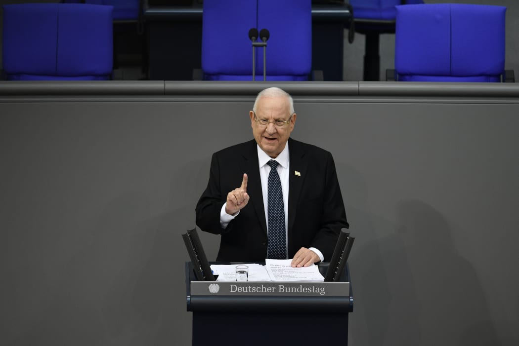 Israeli President Reuven Rivlin adresses the parliament during a parliamentary session in homage to Nazi victims at the Bundestag on January 29, 2020 in Berlin. (Photo by John MACDOUGALL / AFP)
