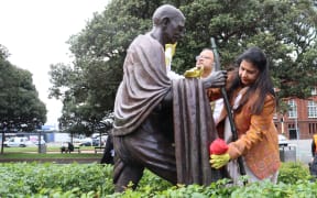 Mahatma Gandhi statue in front of Wellington Railway Station.
