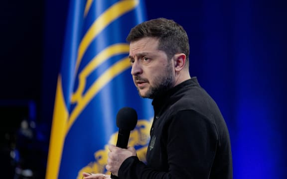 Ukraine's President Volodymyr Zelensky speaks during a joint press conference on the sidelines of the "Ukraine. Year 2025" forum in Kyiv on February 23, 2025, amid the Russian invasion of Ukraine.
