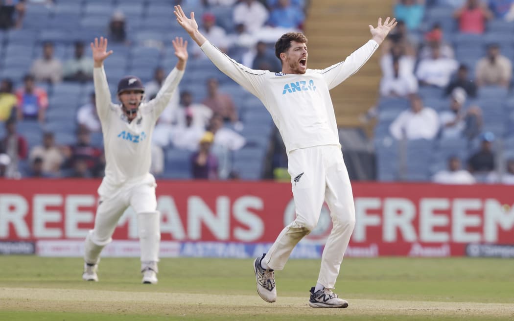 Mitchell Santner appeals for a wicket during the second test against India in Pune in October 2024.