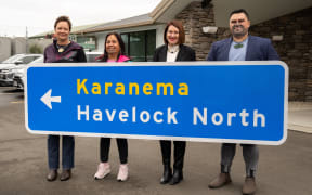 Hastings mayor Sandra Hazlehurst with Takitimu Māori Ward councillors from left Ana Apatu, Kellie Jessup and Renata Nepe at the Downer depot in Hastings. Downer NZ has been contracted to install the signs.
