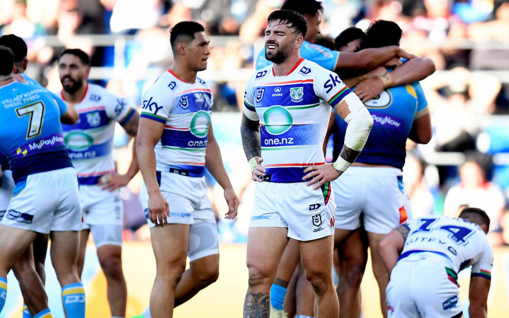 Wayde Egan of the Warriors dejected as the Titans score another try.
Gold Coast Titans v One NZ Warriors, 2024.
