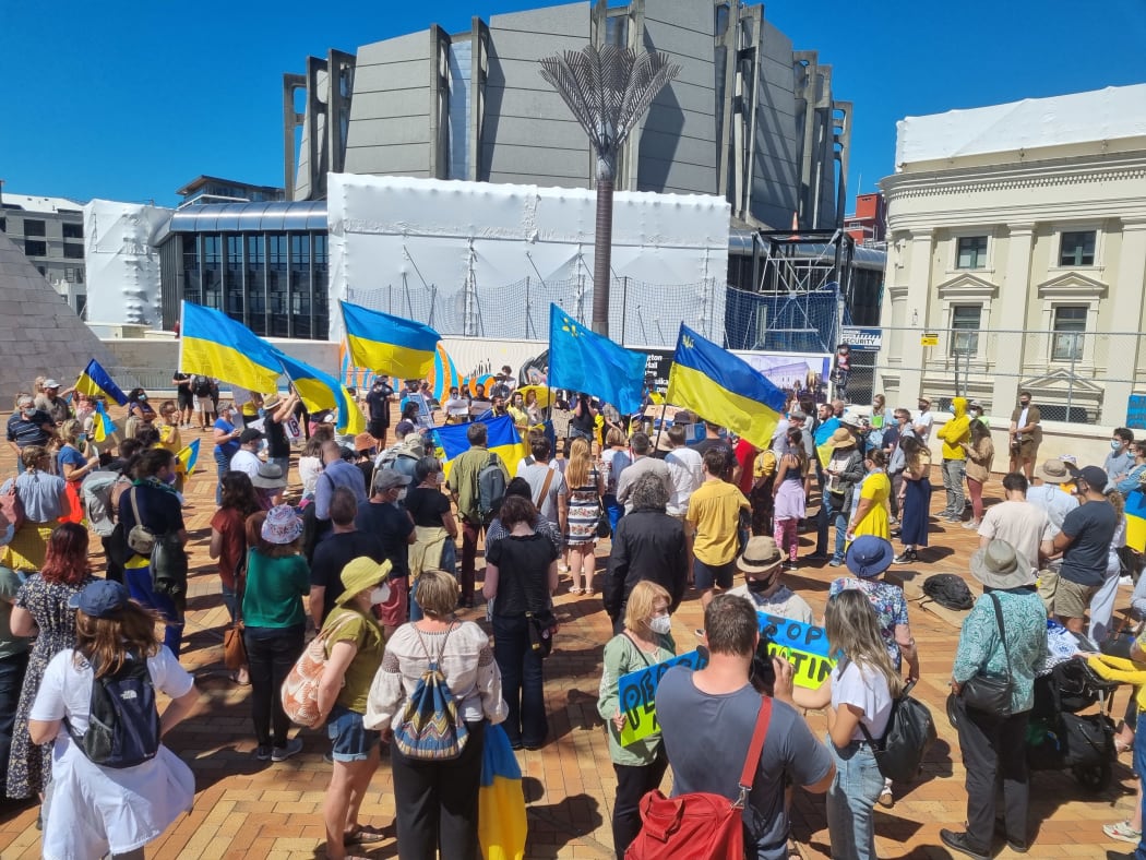 People in Wellington's Civic Square to protest against Russia's offensive in Ukraine.