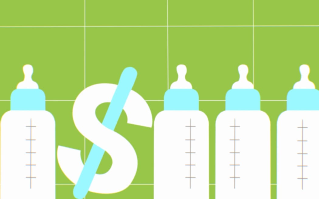 Stylised illustration of baby bottles and dollar sign