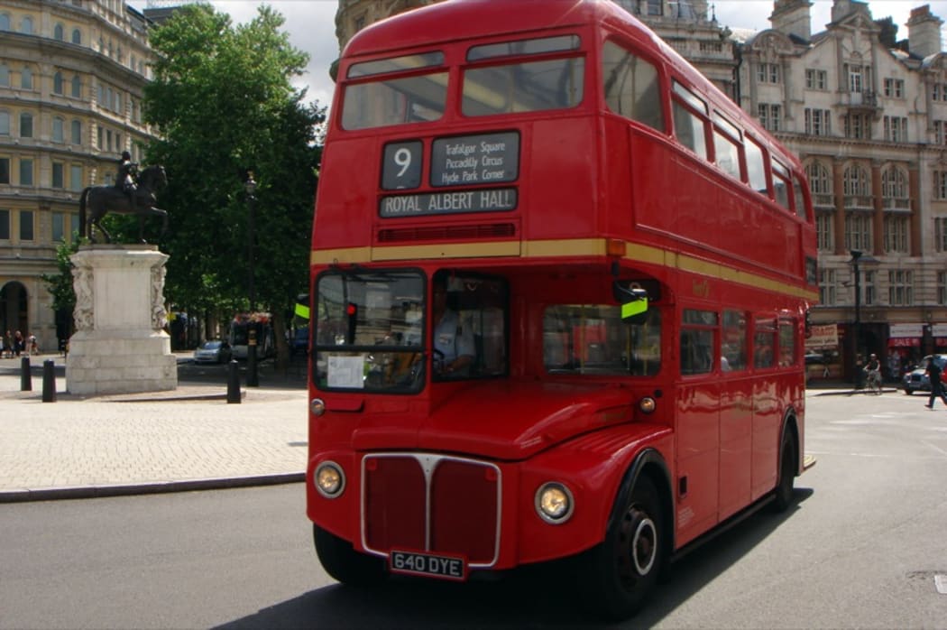 A red double-decker bus in London.