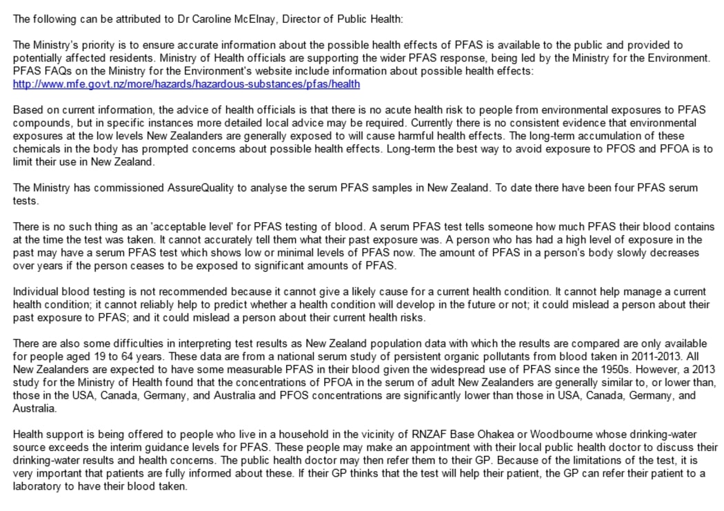 Email statement on PFAS by Ministry of Health director of public health Dr Caroline McElnay, supplied to RNZ's Phil Pennington.