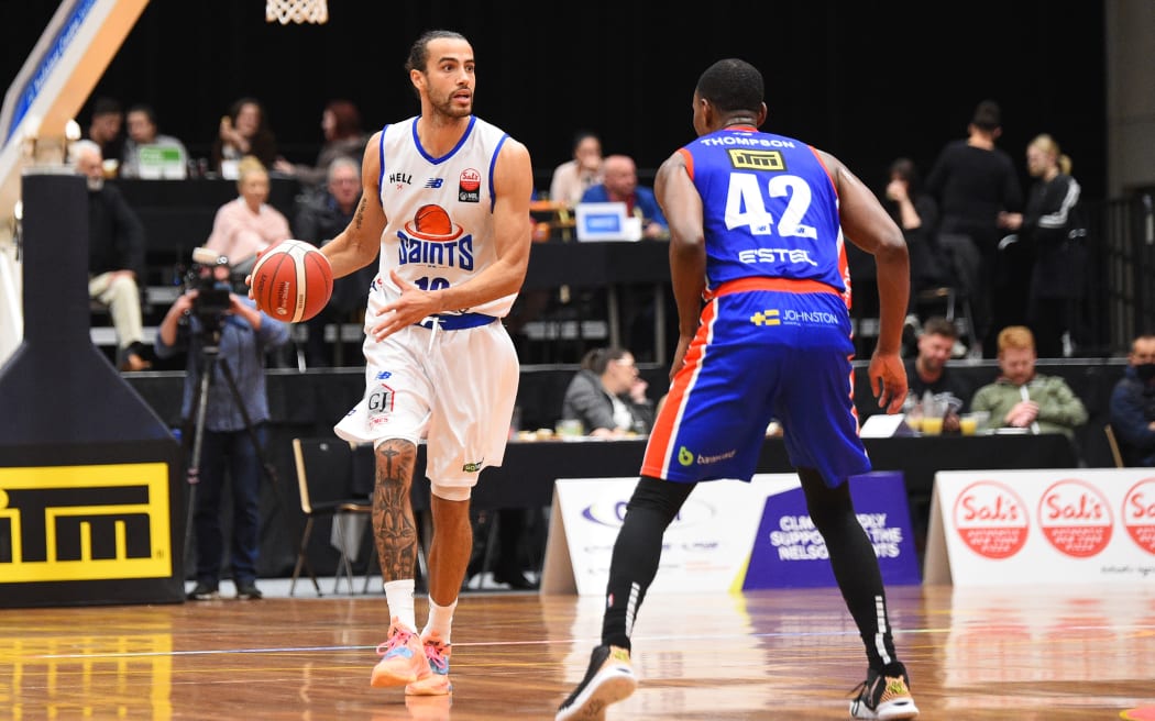 Saints player Xavier Cooks during the NZNBL game Nelson Giants June 2022.