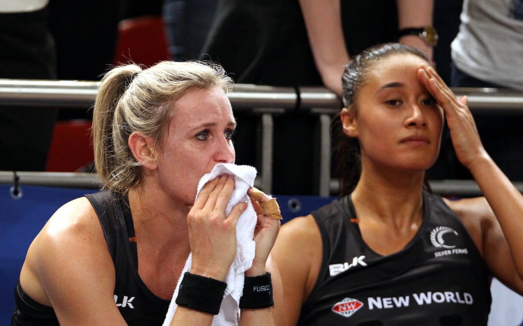 Leana de Bruin and Maria Tutaia after 2015 World Cup final defeat.