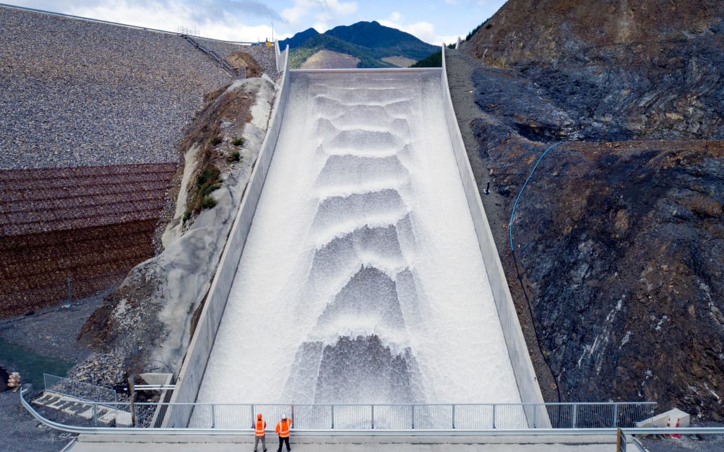Water spills from the Waimea Community Dam.