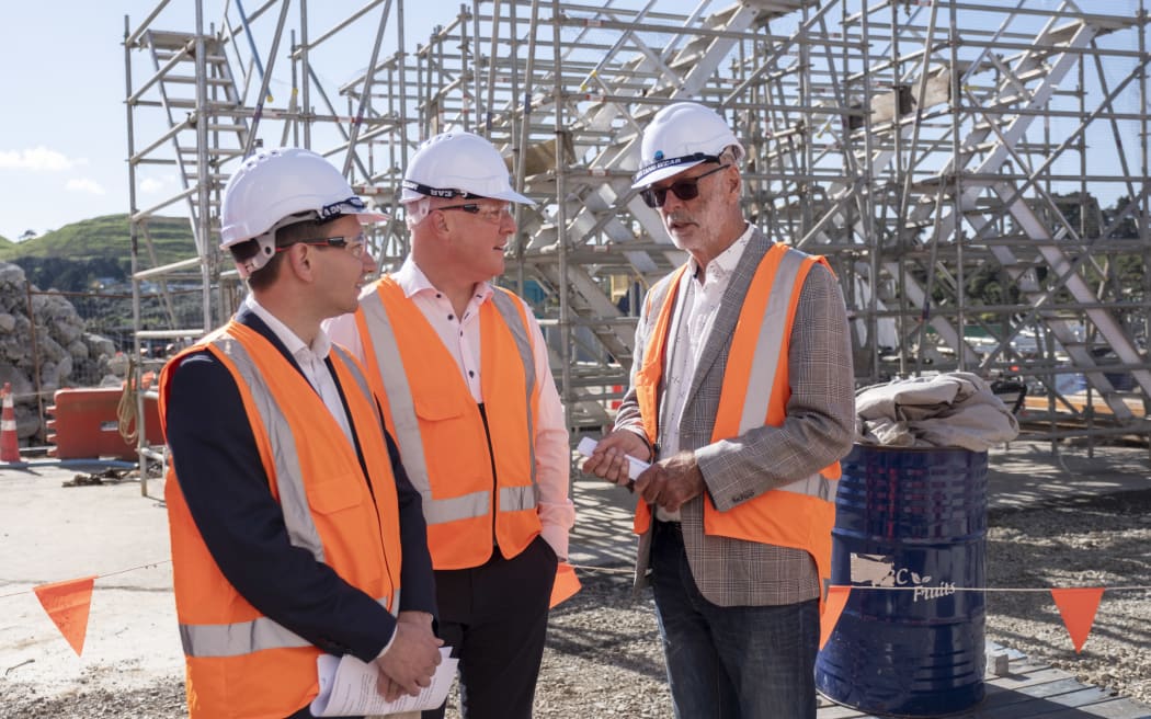 Local government Minister Simeon Brown, Prime Minister Christopher Luxon and Auckland Mayor Wayne Brown at today's announcement.