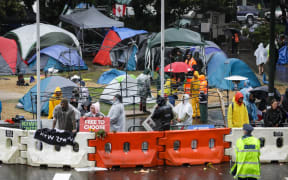 Protesters outside Parliament on 13 February, 2022.