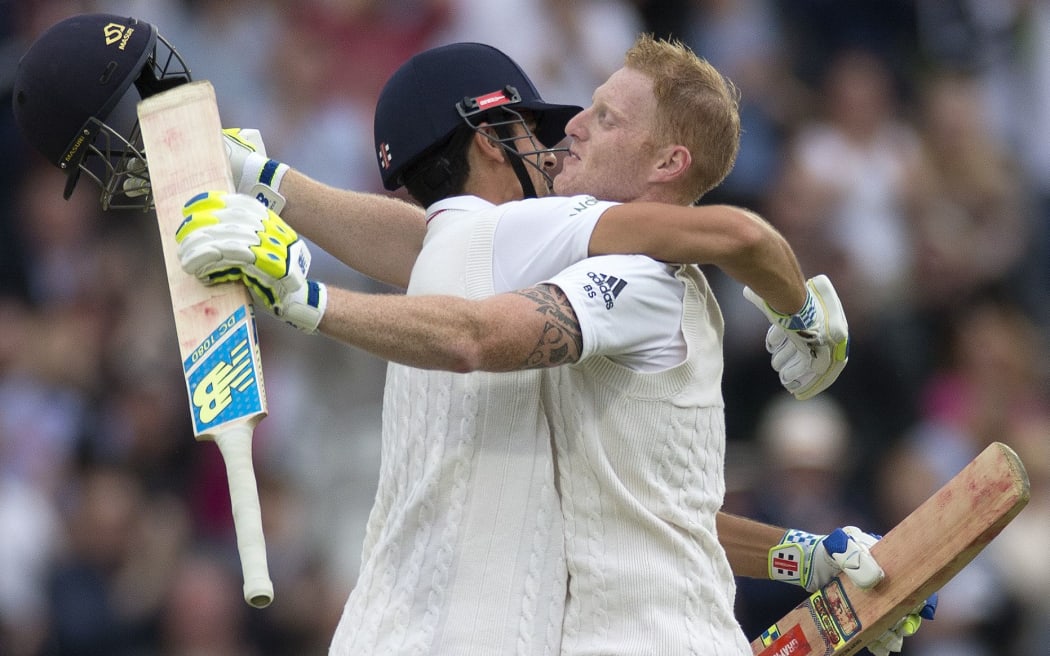 Ben Stokes (right) and Alastair Cook celebrate Stokes scoring the fastest test century at Lord's.