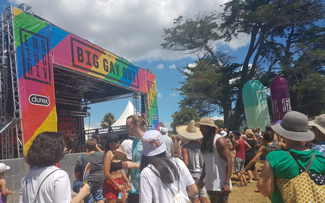 Festival-goers enjoying music from the main stage at the Big Gay Out.